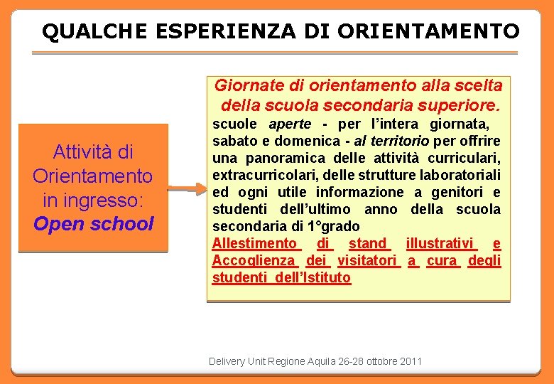 QUALCHE ESPERIENZA DI ORIENTAMENTO Giornate di orientamento alla scelta della scuola secondaria superiore. Attività