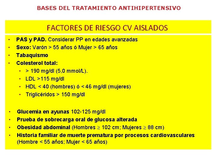 BASES DEL TRATAMIENTO ANTIHIPERTENSIVO FACTORES DE RIESGO CV AISLADOS • • PAS y PAD. BASES DEL TRATAMIENTO ANTIHIPERTENSIVO FACTORES DE RIESGO CV AISLADOS • • PAS y PAD.
