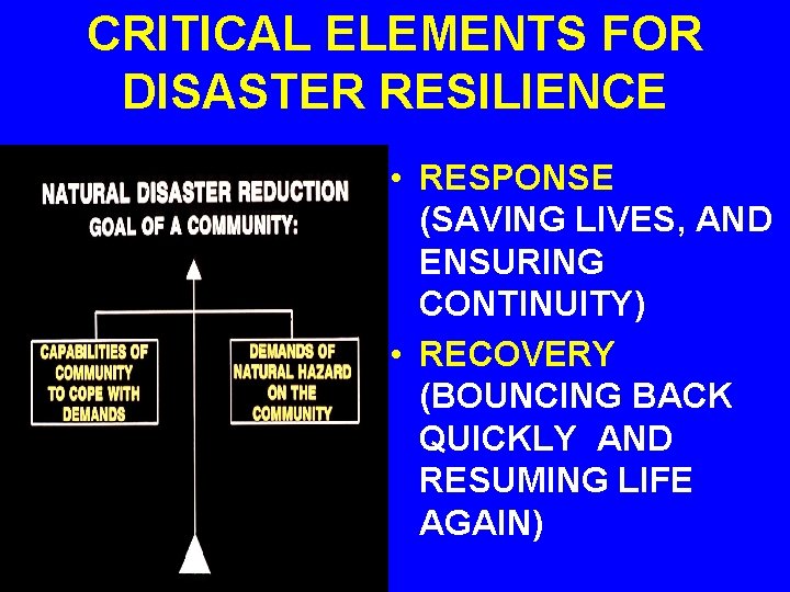 CRITICAL ELEMENTS FOR DISASTER RESILIENCE • RESPONSE (SAVING LIVES, AND ENSURING CONTINUITY) • RECOVERY