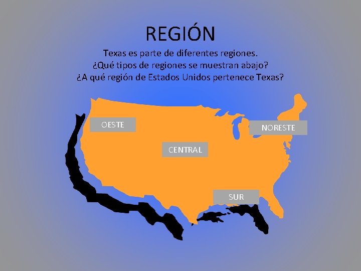 REGIÓN Texas es parte de diferentes regiones. ¿Qué tipos de regiones se muestran abajo?