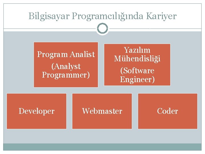 Bilgisayar Programcılığında Kariyer Program Analist (Analyst Programmer) Developer Yazılım Mühendisliği (Software Engineer) Webmaster Coder