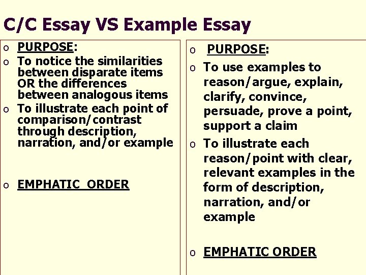 C/C Essay VS Example Essay o PURPOSE: o To notice the similarities between disparate