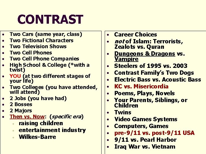 CONTRAST • • • Two Cars (same year, class) Two Fictional Characters Two Television