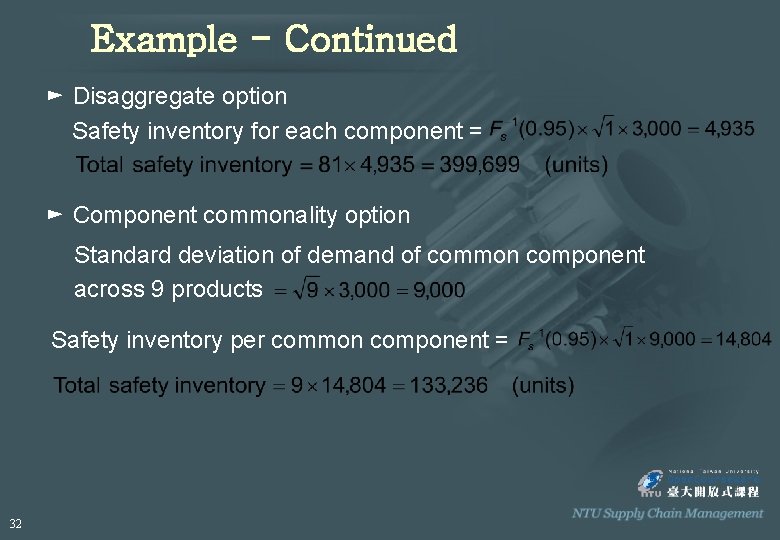 Example - Continued ► Disaggregate option Safety inventory for each component = ► Component