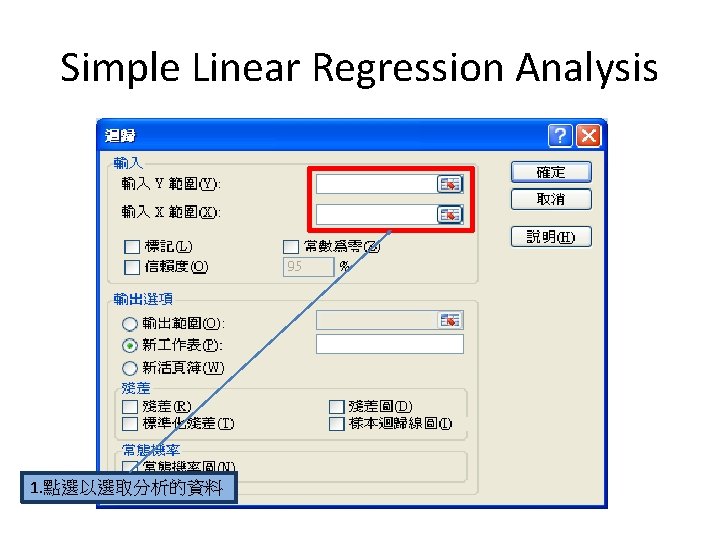 Simple Linear Regression Analysis 1. 點選以選取分析的資料 