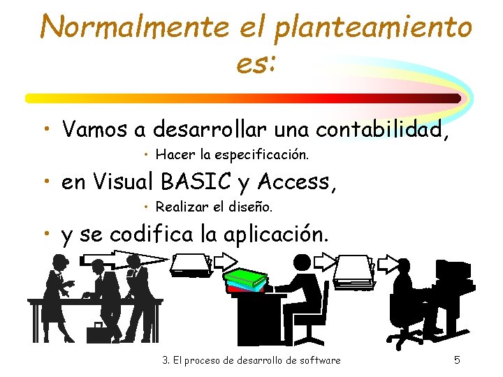 Normalmente el planteamiento es: • Vamos a desarrollar una contabilidad, • Hacer la especificación. Normalmente el planteamiento es: • Vamos a desarrollar una contabilidad, • Hacer la especificación.