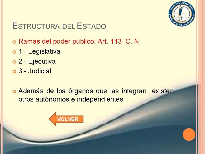 ESTRUCTURA DEL ESTADO Ramas del poder público: Art. 113 C. N. 1. - Legislativa