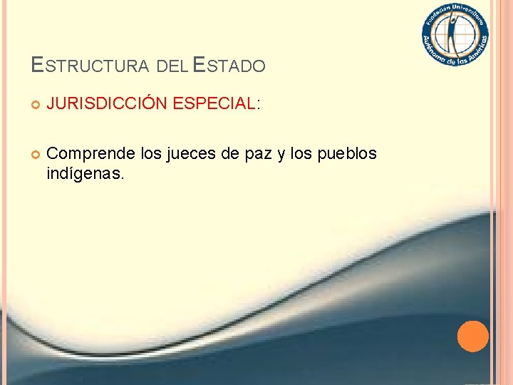 ESTRUCTURA DEL ESTADO JURISDICCIÓN ESPECIAL: Comprende los jueces de paz y los pueblos indígenas.