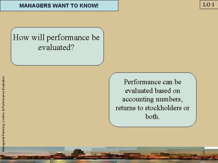 LO 1 MANAGERS WANT TO KNOW! Managerial Planning, Control, & Performance Evaluation How will