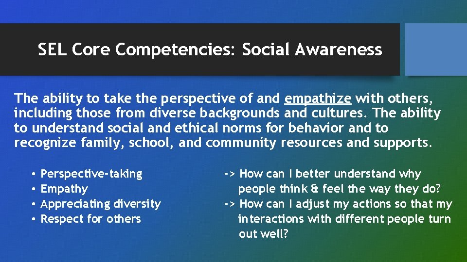 SEL Core Competencies: Social Awareness The ability to take the perspective of and empathize