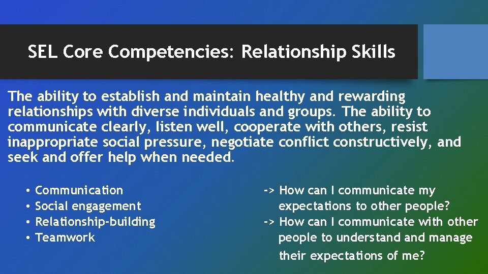 SEL Core Competencies: Relationship Skills The ability to establish and maintain healthy and rewarding