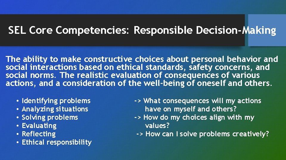 SEL Core Competencies: Responsible Decision-Making The ability to make constructive choices about personal behavior