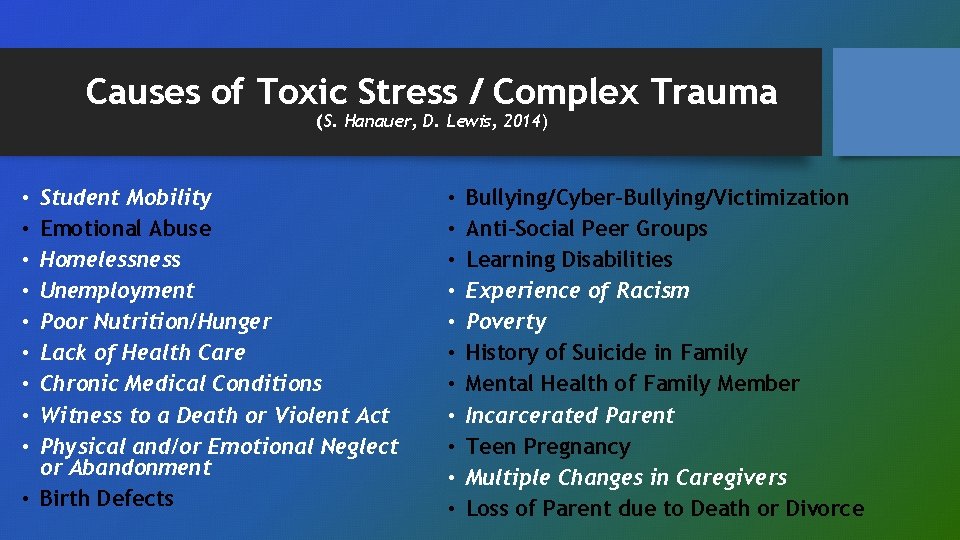 Causes of Toxic Stress / Complex Trauma (S. Hanauer, D. Lewis, 2014) Student Mobility
