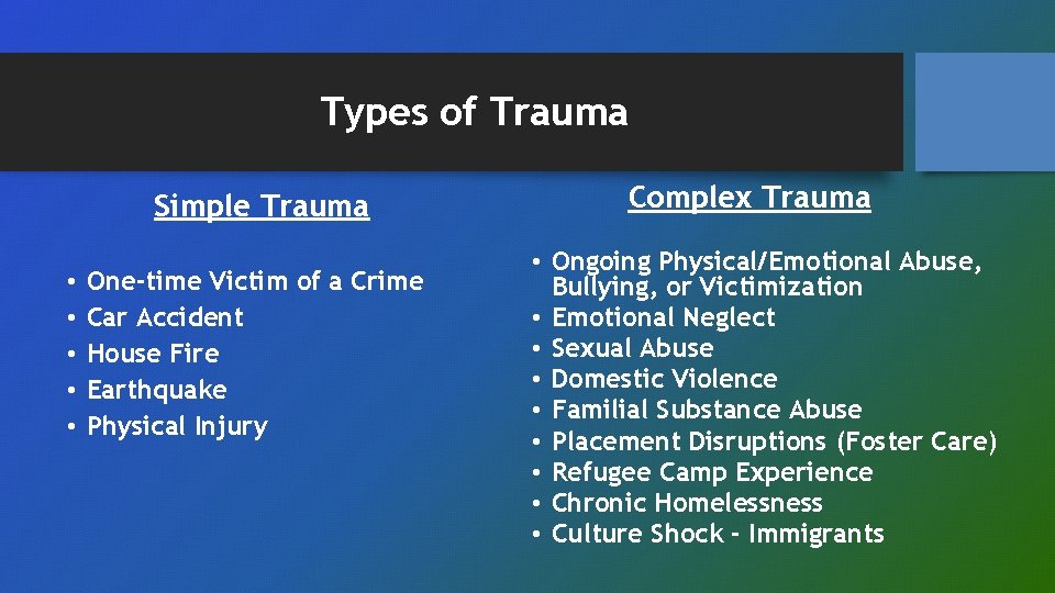 Types of Trauma Simple Trauma • • • One-time Victim of a Crime Car