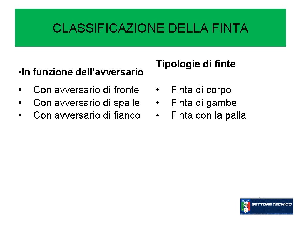 CLASSIFICAZIONE DELLA FINTA • In funzione dell’avversario • • • Con avversario di fronte CLASSIFICAZIONE DELLA FINTA • In funzione dell’avversario • • • Con avversario di fronte