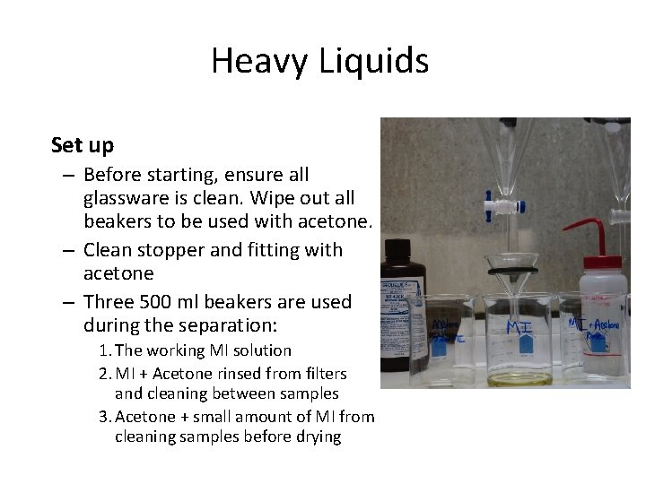 Heavy Liquids Set up – Before starting, ensure all glassware is clean. Wipe out