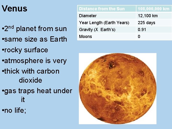 Venus • 2 nd planet from sun • same size as Earth • rocky