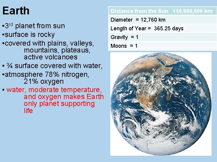 Earth • 3 rd planet from sun • surface is rocky • covered with