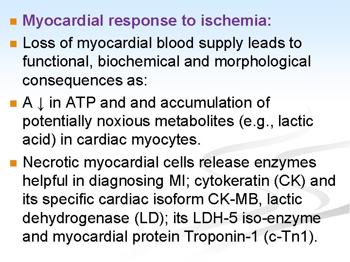 Myocardial response to ischemia: n Loss of myocardial blood supply leads to functional, biochemical