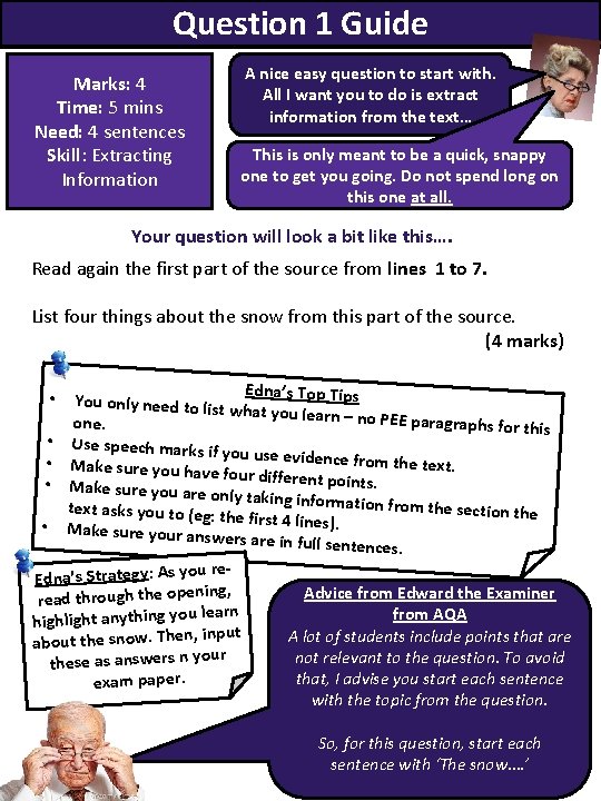 Question 1 Guide Marks: 4 Time: 5 mins Need: 4 sentences Skill: Extracting Information