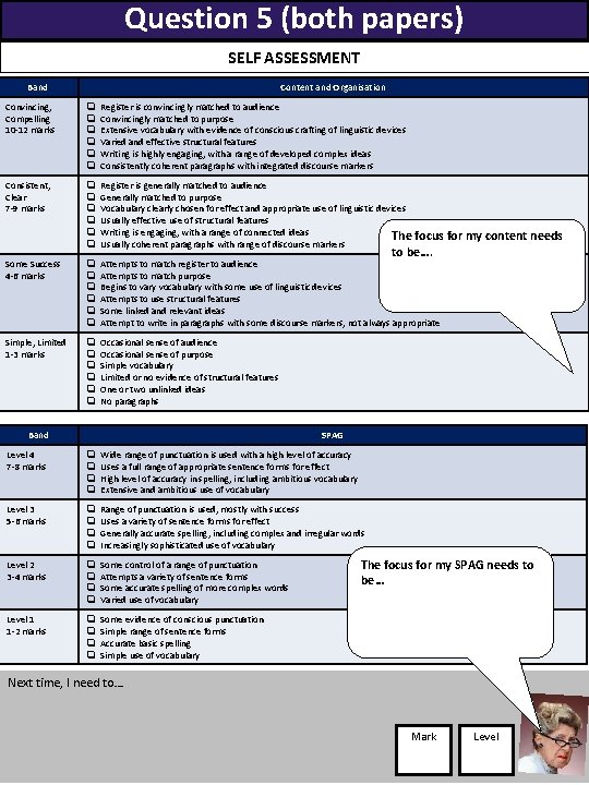 Question 5 (both papers) SELF ASSESSMENT Band Content and Organisation Convincing, Compelling 10 -12