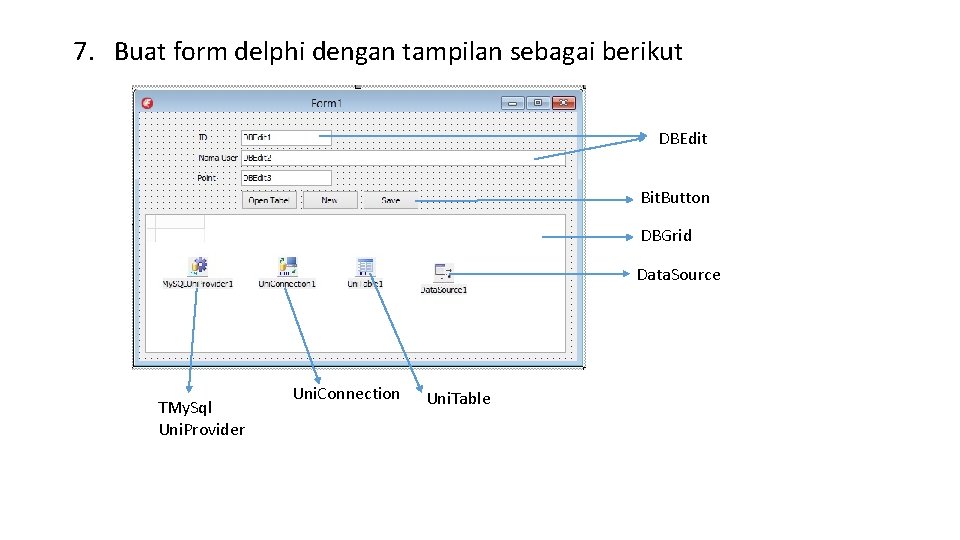 7. Buat form delphi dengan tampilan sebagai berikut DBEdit Bit. Button DBGrid Data. Source