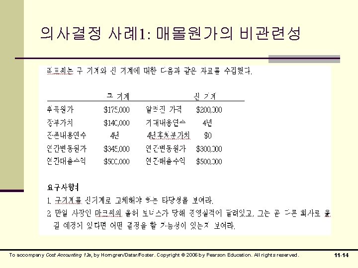 의사결정 사례1: 매몰원가의 비관련성 To accompany Cost Accounting 12 e, by Horngren/Datar/Foster. Copyright ©