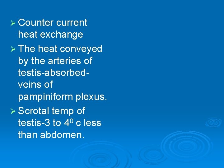 Ø Counter current heat exchange Ø The heat conveyed by the arteries of testis-absorbedveins