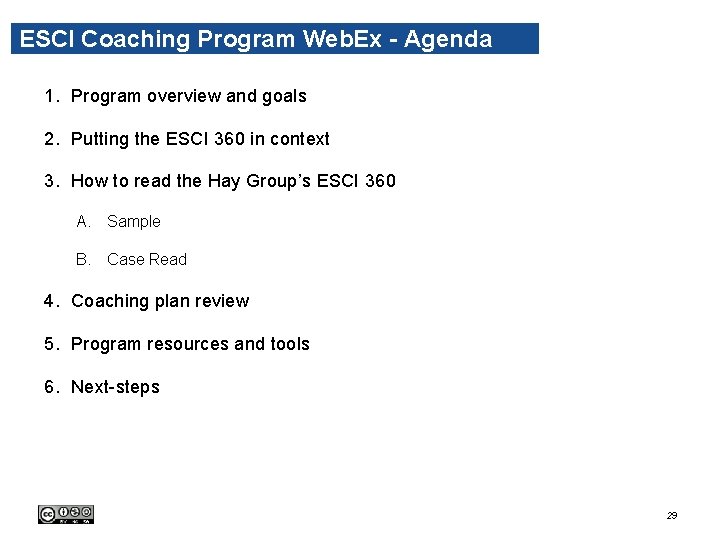 ESCI Coaching Program Web. Ex - Agenda 1. Program overview and goals 2. Putting ESCI Coaching Program Web. Ex - Agenda 1. Program overview and goals 2. Putting