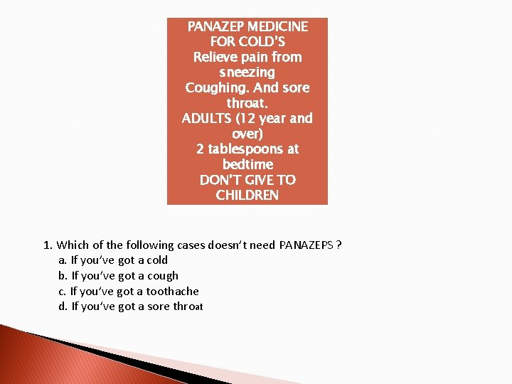 PANAZEP MEDICINE FOR COLD’S Relieve pain from sneezing Coughing. And sore throat. ADULTS (12