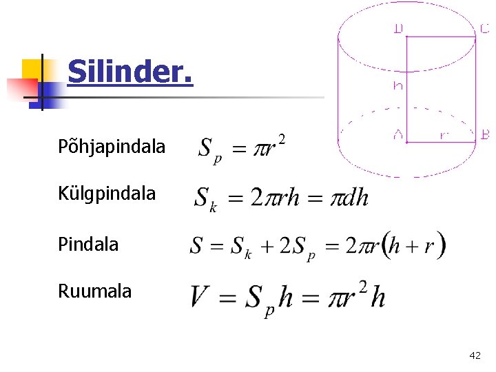 Silinder. Põhjapindala Külgpindala Pindala Ruumala 42 