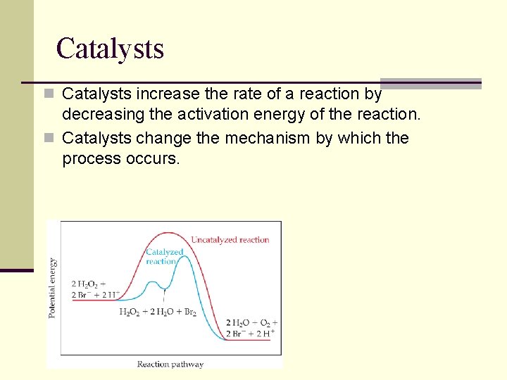 Catalysts n Catalysts increase the rate of a reaction by decreasing the activation energy