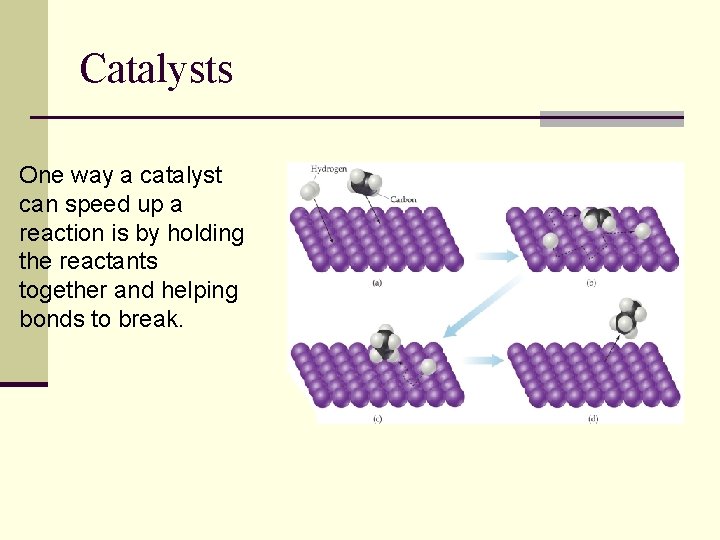 Catalysts One way a catalyst can speed up a reaction is by holding the