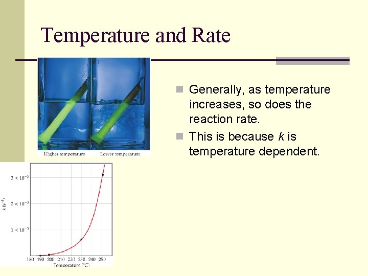 Temperature and Rate n Generally, as temperature increases, so does the reaction rate. n