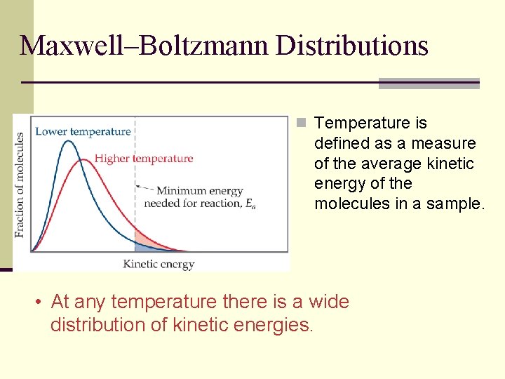 Maxwell–Boltzmann Distributions n Temperature is defined as a measure of the average kinetic energy