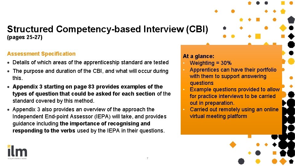 Structured Competency-based Interview (CBI) (pages 25 -27) Assessment Specification · Details of which areas