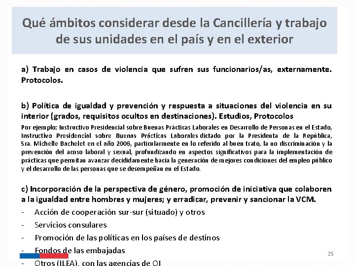 Qué ámbitos considerar desde la Cancillería y trabajo de sus unidades en el país