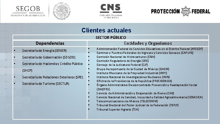 Clientes actuales SECTOR PÚBLICO Dependencias • Secretaría de Energía (SENER) • Secretaría de Gobernación