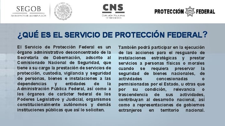 ¿QUÉ ES EL SERVICIO DE PROTECCIÓN FEDERAL? El Servicio de Protección Federal es un