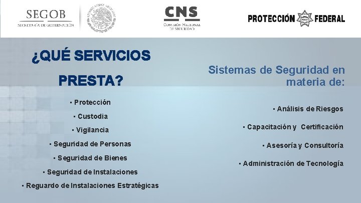 ¿QUÉ SERVICIOS PRESTA? • Protección • Custodia • Vigilancia • Seguridad de Personas •