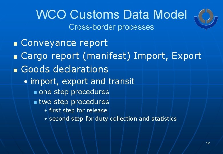 WCO Customs Data Model Cross-border processes n n n Conveyance report Cargo report (manifest)