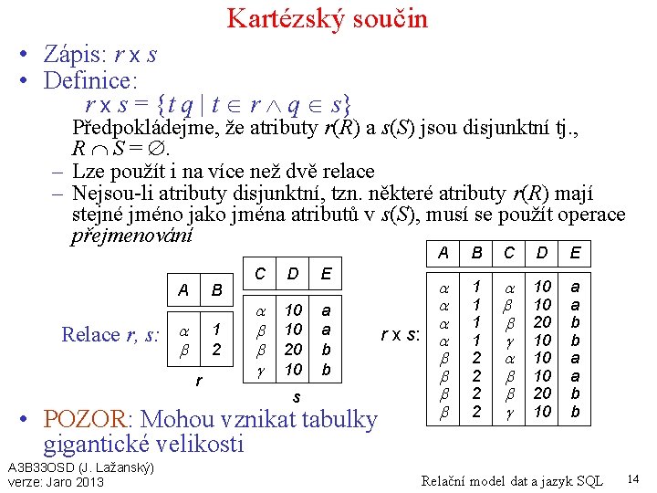 Kartézský součin • Zápis: r x s • Definice: r x s = {t