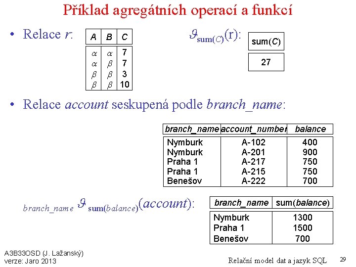 Příklad agregátních operací a funkcí • Relace r: A B C 7 7 3