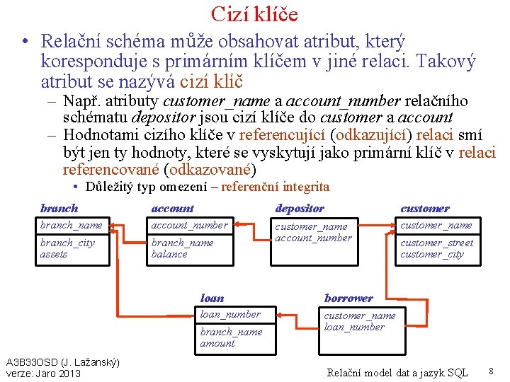 Cizí klíče • Relační schéma může obsahovat atribut, který koresponduje s primárním klíčem v