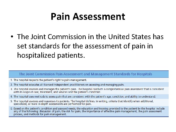 Pain Assessment • The Joint Commission in the United States has set standards for