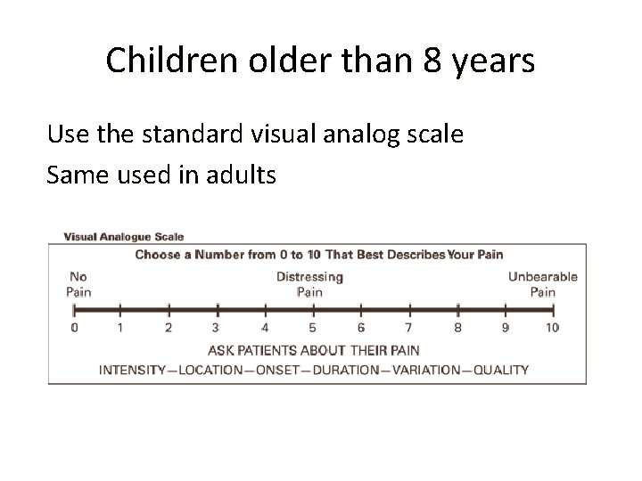 Children older than 8 years Use the standard visual analog scale Same used in