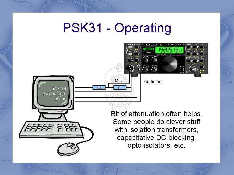 PSK 31 - Operating Mic Line out Sound card Line in 100 k Audio PSK 31 - Operating Mic Line out Sound card Line in 100 k Audio