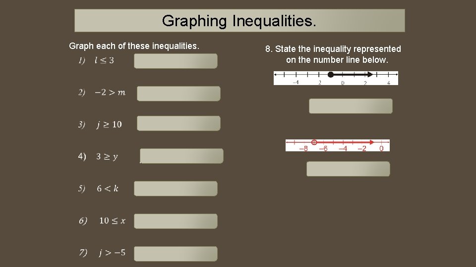 Graphing Inequalities. Graph each of these inequalities. 8. State the inequality represented on the