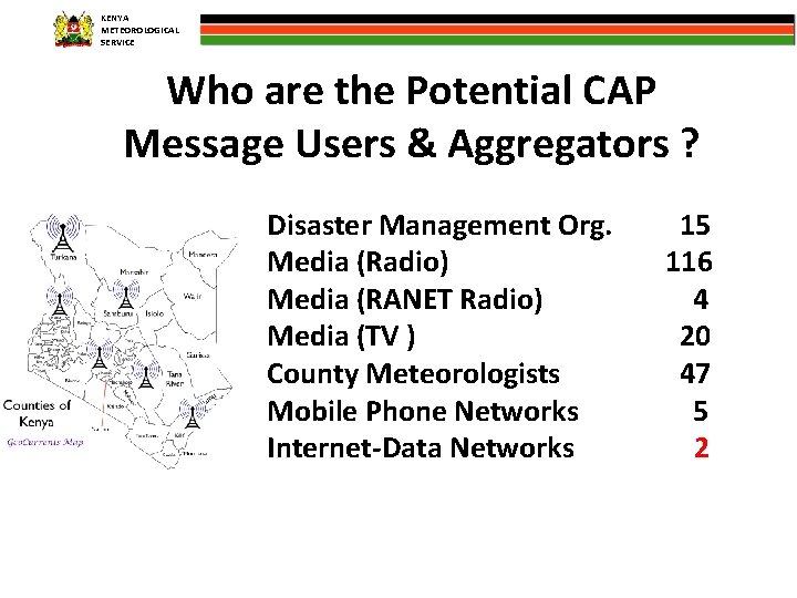KENYA METEOROLOGICAL SERVICE Who are the Potential CAP Message Users & Aggregators ? Disaster