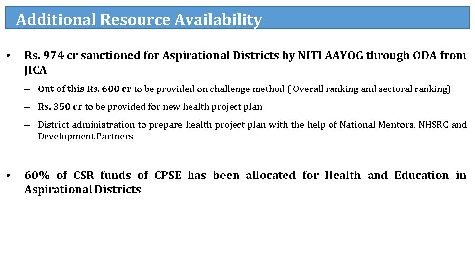 Additional Resource Availability • Rs. 974 cr sanctioned for Aspirational Districts by NITI AAYOG